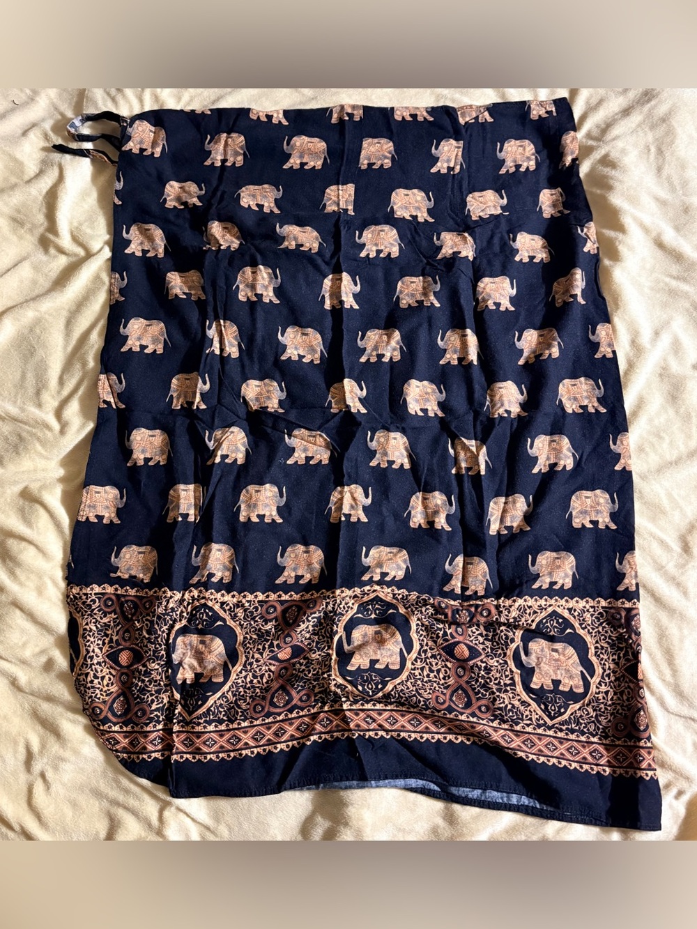 Vintage Bohemian Elephant Print Wrap Skirt Black Gold One Size Maxi Festival GUC